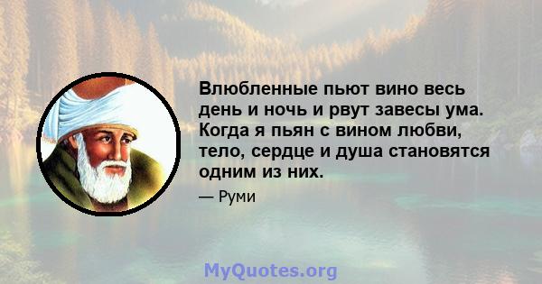 Влюбленные пьют вино весь день и ночь и рвут завесы ума. Когда я пьян с вином любви, тело, сердце и душа становятся одним из них.