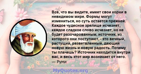 Все, что вы видите, имеет свои корни в невидимом мире. Формы могут измениться, но суть остается прежней. Каждое чудесное зрелище исчезнет, ​​каждое сладкое слово исчезнет, ​​но не будет разочарованным, источник, из