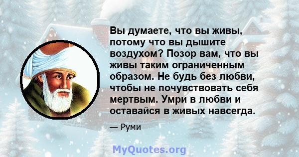 Вы думаете, что вы живы, потому что вы дышите воздухом? Позор вам, что вы живы таким ограниченным образом. Не будь без любви, чтобы не почувствовать себя мертвым. Умри в любви и оставайся в живых навсегда.