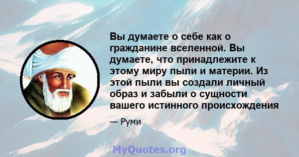 Вы думаете о себе как о гражданине вселенной. Вы думаете, что принадлежите к этому миру пыли и материи. Из этой пыли вы создали личный образ и забыли о сущности вашего истинного происхождения