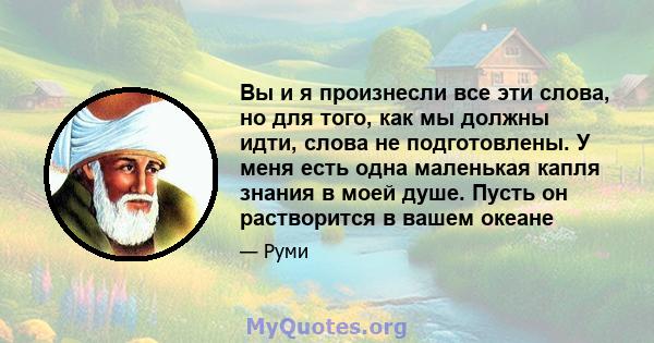 Вы и я произнесли все эти слова, но для того, как мы должны идти, слова не подготовлены. У меня есть одна маленькая капля знания в моей душе. Пусть он растворится в вашем океане