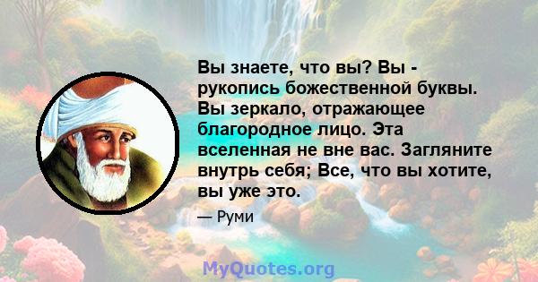 Вы знаете, что вы? Вы - рукопись божественной буквы. Вы зеркало, отражающее благородное лицо. Эта вселенная не вне вас. Загляните внутрь себя; Все, что вы хотите, вы уже это.