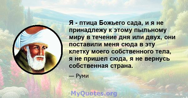 Я - птица Божьего сада, и я не принадлежу к этому пыльному миру в течение дня или двух, они поставили меня сюда в эту клетку моего собственного тела, я не пришел сюда, я не вернусь собственная страна.