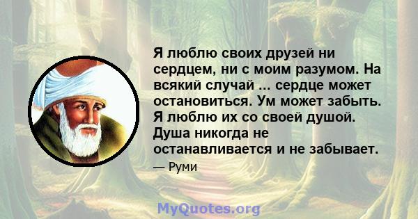 Я люблю своих друзей ни сердцем, ни с моим разумом. На всякий случай ... сердце может остановиться. Ум может забыть. Я люблю их со своей душой. Душа никогда не останавливается и не забывает.