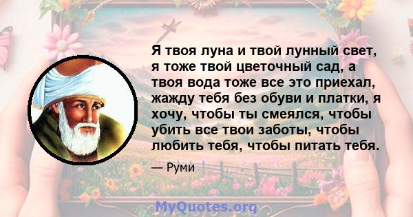 Я твоя луна и твой лунный свет, я тоже твой цветочный сад, а твоя вода тоже все это приехал, жажду тебя без обуви и платки, я хочу, чтобы ты смеялся, чтобы убить все твои заботы, чтобы любить тебя, чтобы питать тебя.