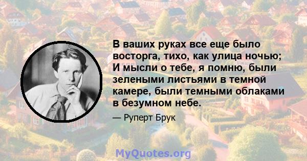 В ваших руках все еще было восторга, тихо, как улица ночью; И мысли о тебе, я помню, были зелеными листьями в темной камере, были темными облаками в безумном небе.