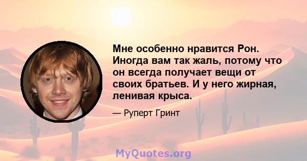 Мне особенно нравится Рон. Иногда вам так жаль, потому что он всегда получает вещи от своих братьев. И у него жирная, ленивая крыса.