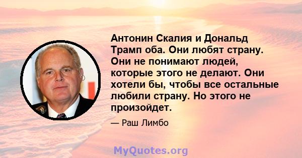 Антонин Скалия и Дональд Трамп оба. Они любят страну. Они не понимают людей, которые этого не делают. Они хотели бы, чтобы все остальные любили страну. Но этого не произойдет.