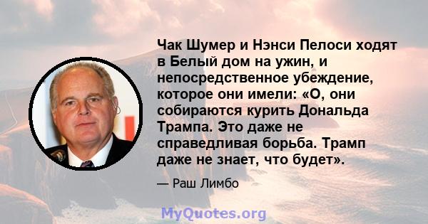 Чак Шумер и Нэнси Пелоси ходят в Белый дом на ужин, и непосредственное убеждение, которое они имели: «О, они собираются курить Дональда Трампа. Это даже не справедливая борьба. Трамп даже не знает, что будет».