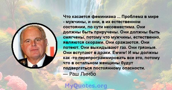 Что касается феминизма ... Проблема в мире - мужчины, и они, в их естественном состоянии, по сути несовместима. Они должны быть приручены. Они должны быть смягчены, потому что мужчины, естественно, являются скорами. Они 