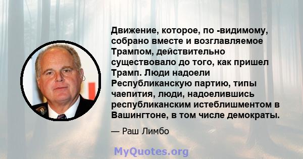 Движение, которое, по -видимому, собрано вместе и возглавляемое Трампом, действительно существовало до того, как пришел Трамп. Люди надоели Республиканскую партию, типы чаепития, люди, надоелившись республиканским