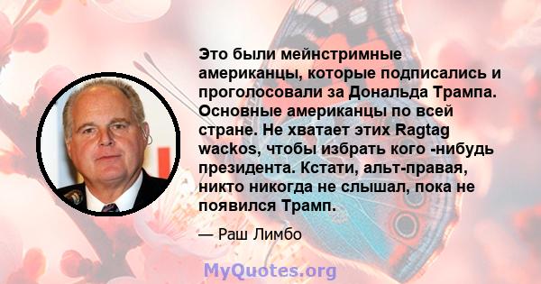 Это были мейнстримные американцы, которые подписались и проголосовали за Дональда Трампа. Основные американцы по всей стране. Не хватает этих Ragtag wackos, чтобы избрать кого -нибудь президента. Кстати, альт-правая,