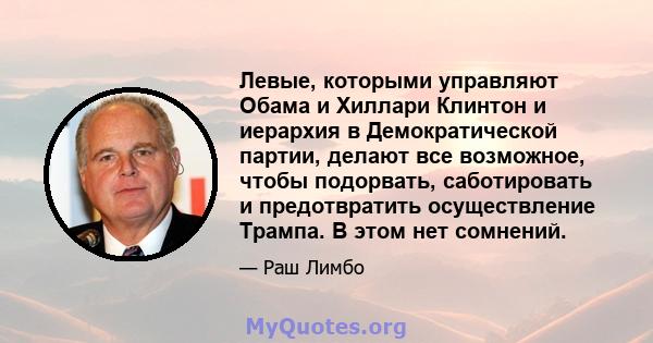 Левые, которыми управляют Обама и Хиллари Клинтон и иерархия в Демократической партии, делают все возможное, чтобы подорвать, саботировать и предотвратить осуществление Трампа. В этом нет сомнений.