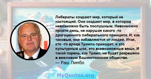 Либералы создают мир, который не настоящий. Они создают мир, в котором невозможно быть послушным. Невозможно пройти день, не нарушая какого -то драгоценного либерального принципа. И, как таковые, они избавляются от