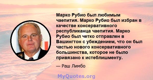 Марко Рубио был любимым чаепития. Марко Рубио был избран в качестве консервативного республиканца чаепития. Марко Рубио был четко отправлен в Вашингтон с убеждением, что он был частью нового консервативного большинства, 