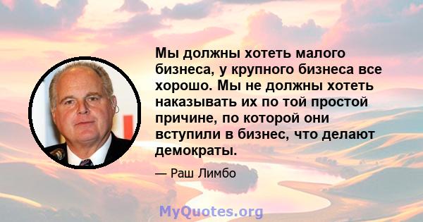 Мы должны хотеть малого бизнеса, у крупного бизнеса все хорошо. Мы не должны хотеть наказывать их по той простой причине, по которой они вступили в бизнес, что делают демократы.