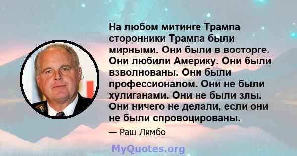 На любом митинге Трампа сторонники Трампа были мирными. Они были в восторге. Они любили Америку. Они были взволнованы. Они были профессионалом. Они не были хулиганами. Они не были злы. Они ничего не делали, если они не