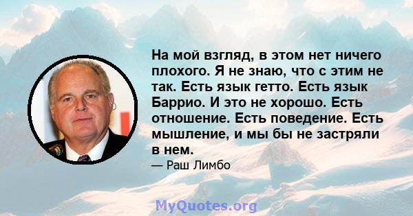 На мой взгляд, в этом нет ничего плохого. Я не знаю, что с этим не так. Есть язык гетто. Есть язык Баррио. И это не хорошо. Есть отношение. Есть поведение. Есть мышление, и мы бы не застряли в нем.