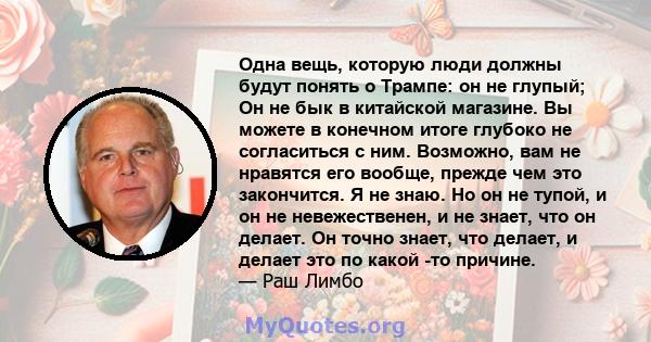 Одна вещь, которую люди должны будут понять о Трампе: он не глупый; Он не бык в китайской магазине. Вы можете в конечном итоге глубоко не согласиться с ним. Возможно, вам не нравятся его вообще, прежде чем это