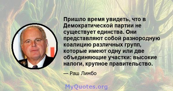 Пришло время увидеть, что в Демократической партии не существует единства. Они представляют собой разнородную коалицию различных групп, которые имеют одну или две объединяющие участки: высокие налоги, крупное