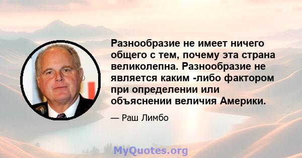 Разнообразие не имеет ничего общего с тем, почему эта страна великолепна. Разнообразие не является каким -либо фактором при определении или объяснении величия Америки.