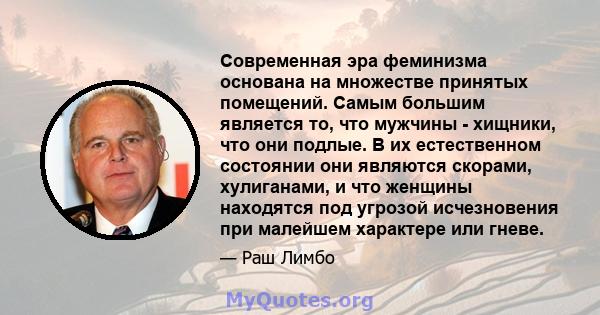 Современная эра феминизма основана на множестве принятых помещений. Самым большим является то, что мужчины - хищники, что они подлые. В их естественном состоянии они являются скорами, хулиганами, и что женщины находятся 