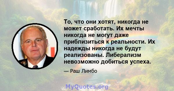 То, что они хотят, никогда не может сработать. Их мечты никогда не могут даже приблизиться к реальности. Их надежды никогда не будут реализованы. Либерализм невозможно добиться успеха.