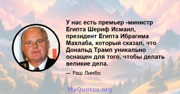 У нас есть премьер -министр Египта Шериф Исмаил, президент Египта Ибрагима Махлаба, который сказал, что Дональд Трамп уникально оснащен для того, чтобы делать великие дела.