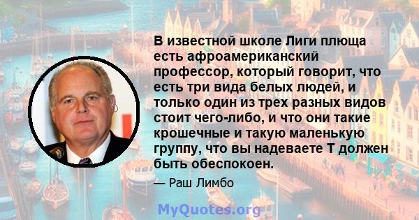 В известной школе Лиги плюща есть афроамериканский профессор, который говорит, что есть три вида белых людей, и только один из трех разных видов стоит чего-либо, и что они такие крошечные и такую ​​маленькую группу, что 