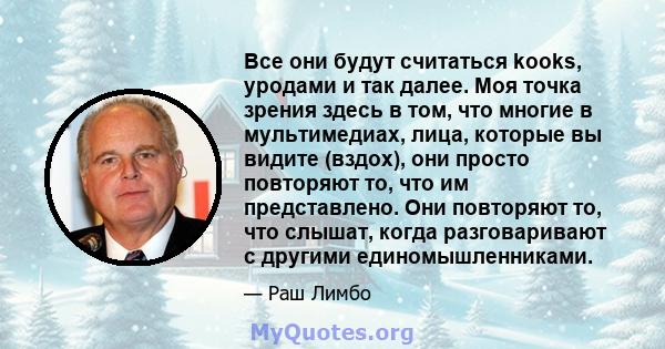 Все они будут считаться kooks, уродами и так далее. Моя точка зрения здесь в том, что многие в мультимедиах, лица, которые вы видите (вздох), они просто повторяют то, что им представлено. Они повторяют то, что слышат,