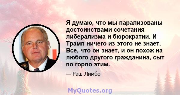 Я думаю, что мы парализованы достоинствами сочетания либерализма и бюрократии. И Трамп ничего из этого не знает. Все, что он знает, и он похож на любого другого гражданина, сыт по горло этим.