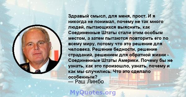 Здравый смысл, для меня, прост. И я никогда не понимал, почему не так много людей, пытающихся выяснить, как Соединенные Штаты стали этим особым местом, а затем пытаются повторить его по всему миру, потому что это