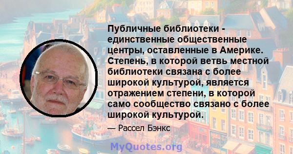 Публичные библиотеки - единственные общественные центры, оставленные в Америке. Степень, в которой ветвь местной библиотеки связана с более широкой культурой, является отражением степени, в которой само сообщество