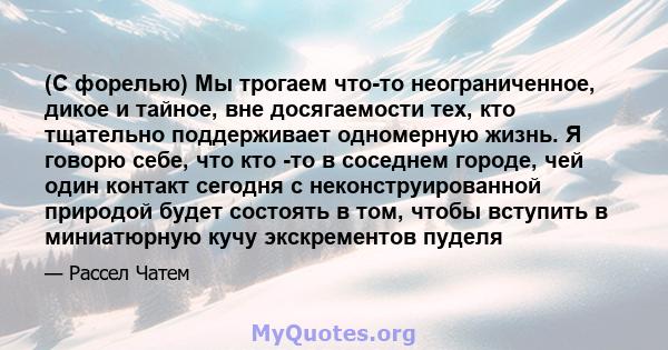 (С форелью) Мы трогаем что-то неограниченное, дикое и тайное, вне досягаемости тех, кто тщательно поддерживает одномерную жизнь. Я говорю себе, что кто -то в соседнем городе, чей один контакт сегодня с