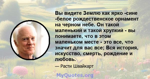 Вы видите Землю как ярко -сине -белое рождественское орнамент на черном небе. Он такой маленький и такой хрупкий - вы понимаете, что в этом маленьком месте - это все, что значит для вас все; Вся история, искусство,