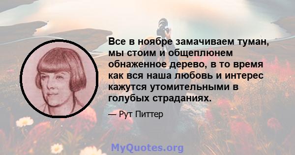 Все в ноябре замачиваем туман, мы стоим и общеплюнем обнаженное дерево, в то время как вся наша любовь и интерес кажутся утомительными в голубых страданиях.