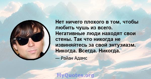 Нет ничего плохого в том, чтобы любить чушь из всего. Негативные люди находят свои стены. Так что никогда не извиняйтесь за свой энтузиазм. Никогда. Всегда. Никогда.