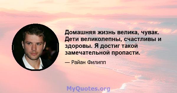 Домашняя жизнь велика, чувак. Дети великолепны, счастливы и здоровы. Я достиг такой замечательной пропасти.