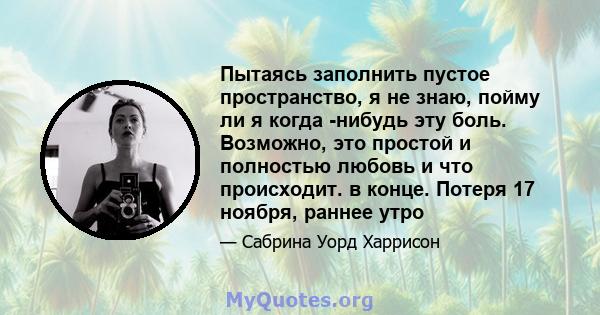 Пытаясь заполнить пустое пространство, я не знаю, пойму ли я когда -нибудь эту боль. Возможно, это простой и полностью любовь и что происходит. в конце. Потеря 17 ноября, раннее утро