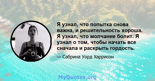 Я узнал, что попытка снова важна, и решительность хороша. Я узнал, что молчание болит. Я узнал о том, чтобы начать все сначала и раскрыть гордость.