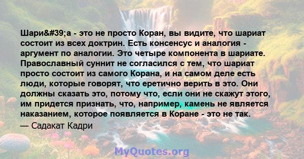 Шари'а - это не просто Коран, вы видите, что шариат состоит из всех доктрин. Есть консенсус и аналогия - аргумент по аналогии. Это четыре компонента в шариате. Православный суннит не согласился с тем, что шариат