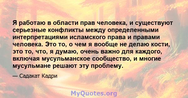 Я работаю в области прав человека, и существуют серьезные конфликты между определенными интерпретациями исламского права и правами человека. Это то, о чем я вообще не делаю кости, это то, что, я думаю, очень важно для