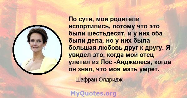 По сути, мои родители испортились, потому что это были шестьдесят, и у них оба были дела, но у них была большая любовь друг к другу. Я увидел это, когда мой отец улетел из Лос -Анджелеса, когда он знал, что моя мать