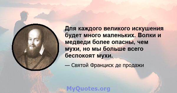 Для каждого великого искушения будет много маленьких. Волки и медведи более опасны, чем мухи, но мы больше всего беспокоят мухи.