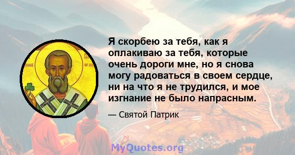 Я скорбею за тебя, как я оплакиваю за тебя, которые очень дороги мне, но я снова могу радоваться в своем сердце, ни на что я не трудился, и мое изгнание не было напрасным.