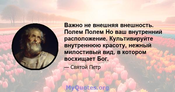 Важно не внешняя внешность. Полем Полем Но ваш внутренний расположение. Культивируйте внутреннюю красоту, нежный милостивый вид, в котором восхищает Бог.