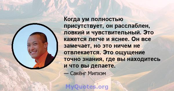 Когда ум полностью присутствует, он расслаблен, ловкий и чувствительный. Это кажется легче и яснее. Он все замечает, но это ничем не отвлекается. Это ощущение точно знания, где вы находитесь и что вы делаете.