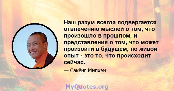 Наш разум всегда подвергается отвлечению мыслей о том, что произошло в прошлом, и представления о том, что может произойти в будущем, но живой опыт - это то, что происходит сейчас.