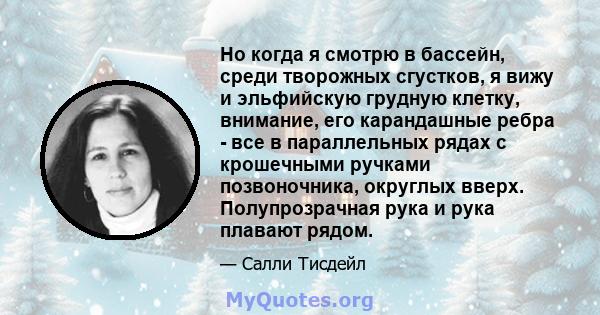 Но когда я смотрю в бассейн, среди творожных сгустков, я вижу и эльфийскую грудную клетку, внимание, его карандашные ребра - все в параллельных рядах с крошечными ручками позвоночника, округлых вверх. Полупрозрачная