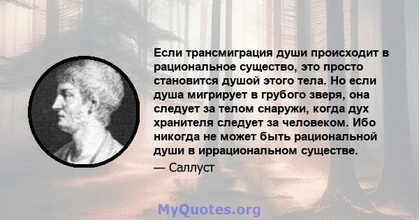 Если трансмиграция души происходит в рациональное существо, это просто становится душой этого тела. Но если душа мигрирует в грубого зверя, она следует за телом снаружи, когда дух хранителя следует за человеком. Ибо